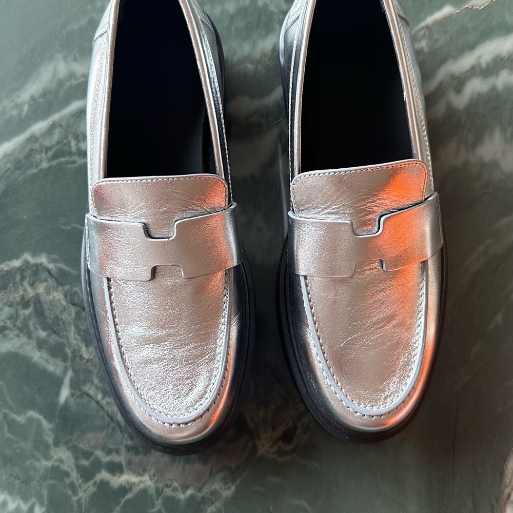 Hermes Silver Moccasins with Metallic Finish